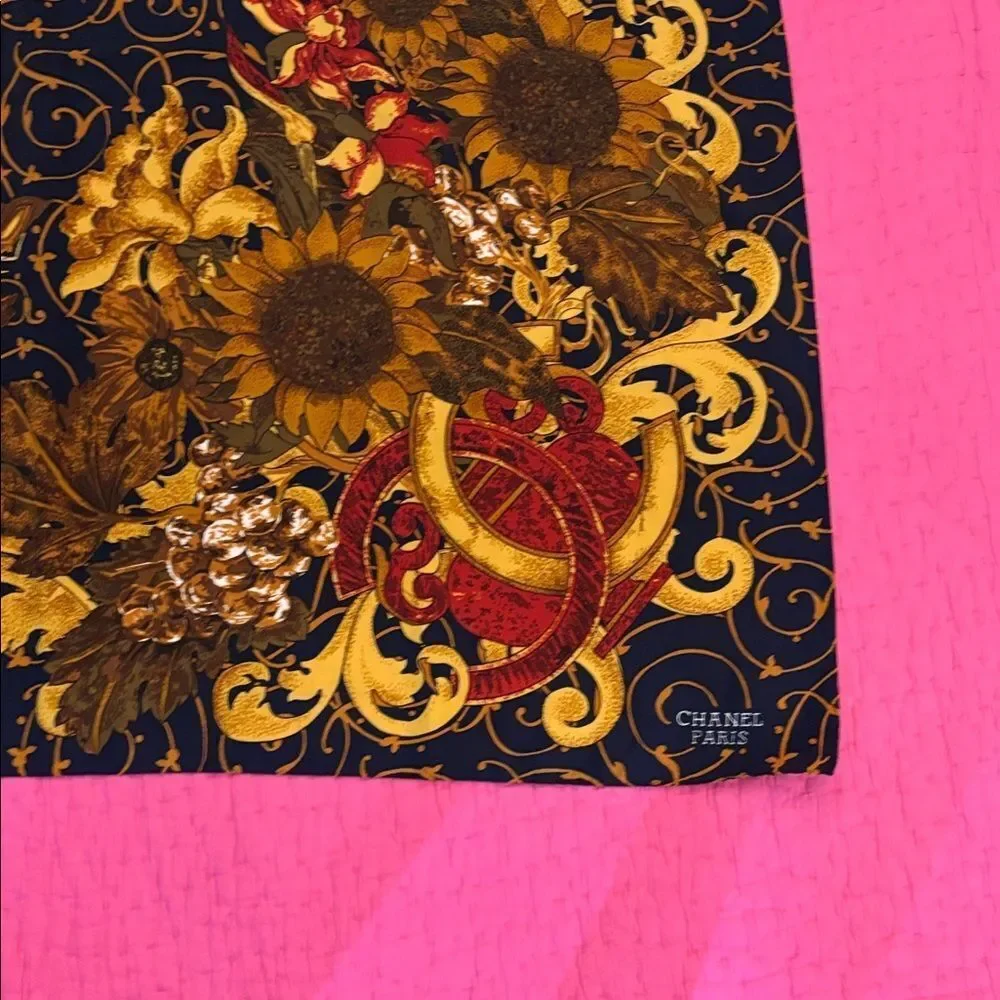 CHANEL Sunflower and Scroll Silk Scarf, 33x33 inches